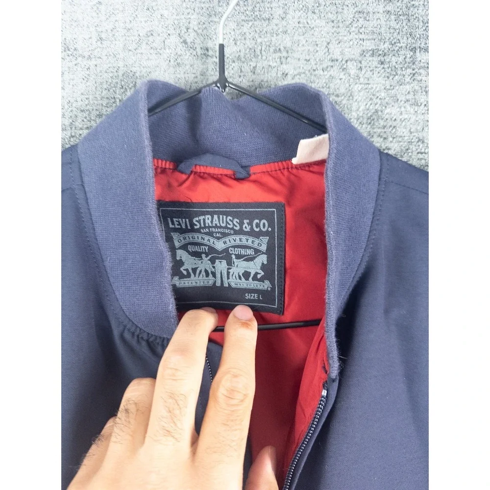 Levis Bomber Jacket Mens L Blue Full Zip Solid Casual‎ Logo Cotton Blend